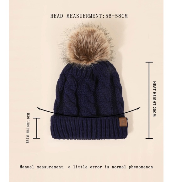 Navy Blue Cable Knit Beanie Hat Faux Fur Pom Pom 100% Acrylic - Picture 4 of 11